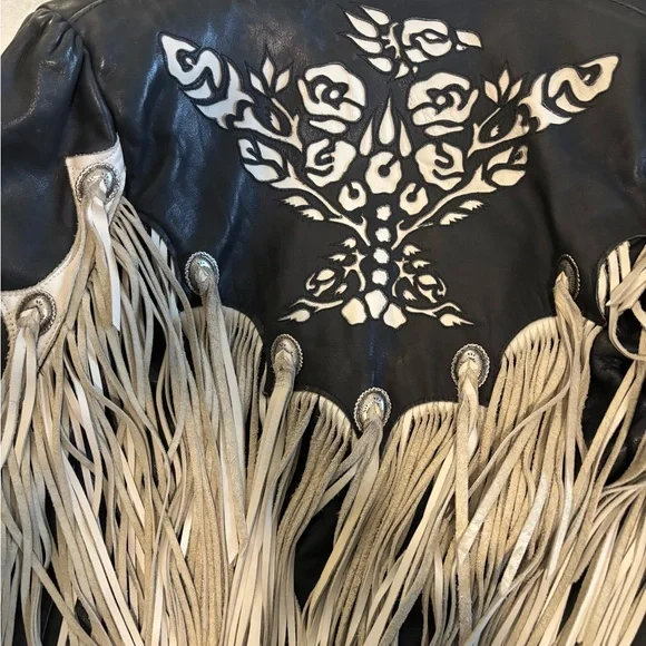 Black/Cream Fringe Rare Leather Jacket and Chaps. Excellent condition. Sz Medium - Picture 15 of 16